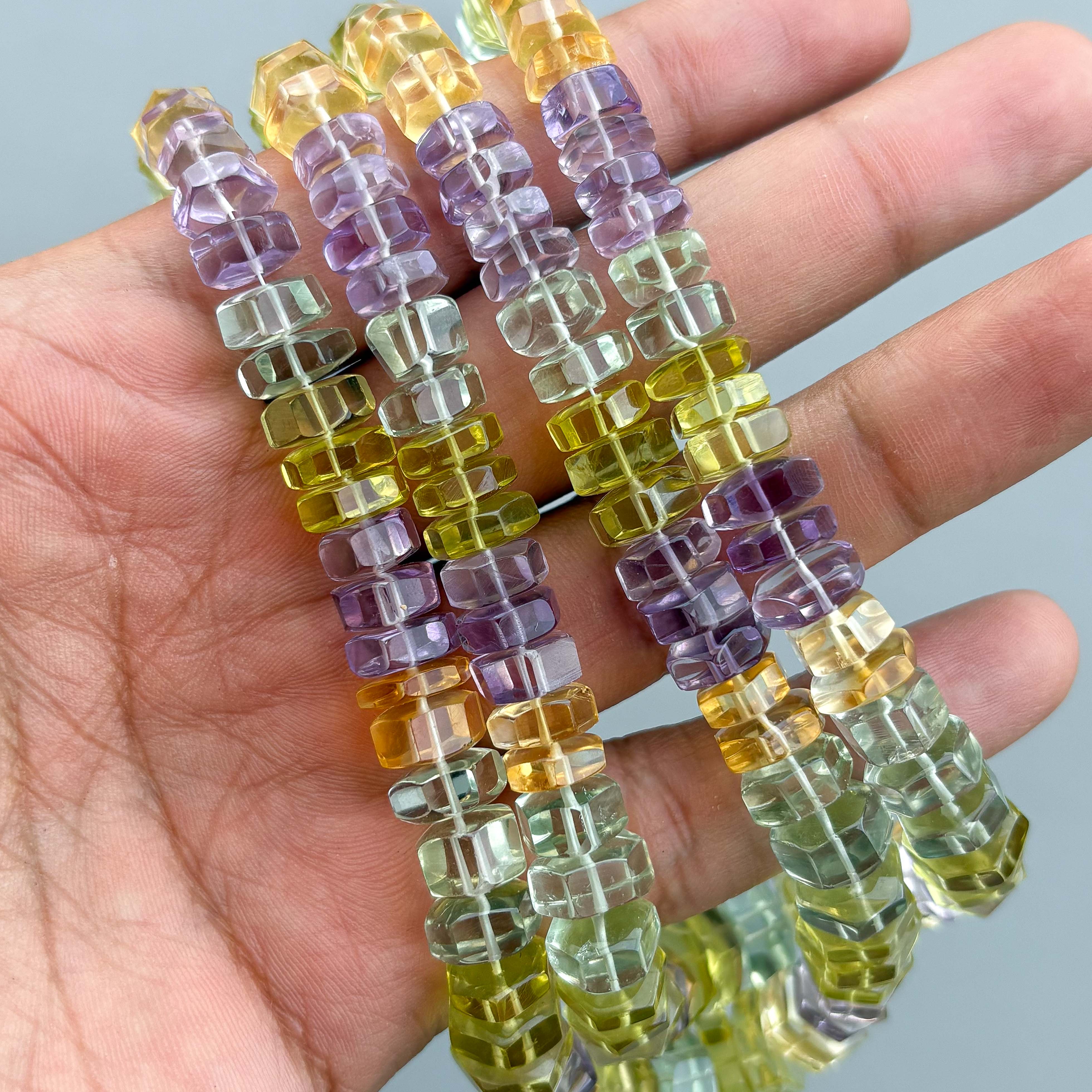 Natural Mix Semi-Precious Gemstone Faceted Bolt Beads 7–13mm – 16″ Multi Gemstone Hexagon Strand