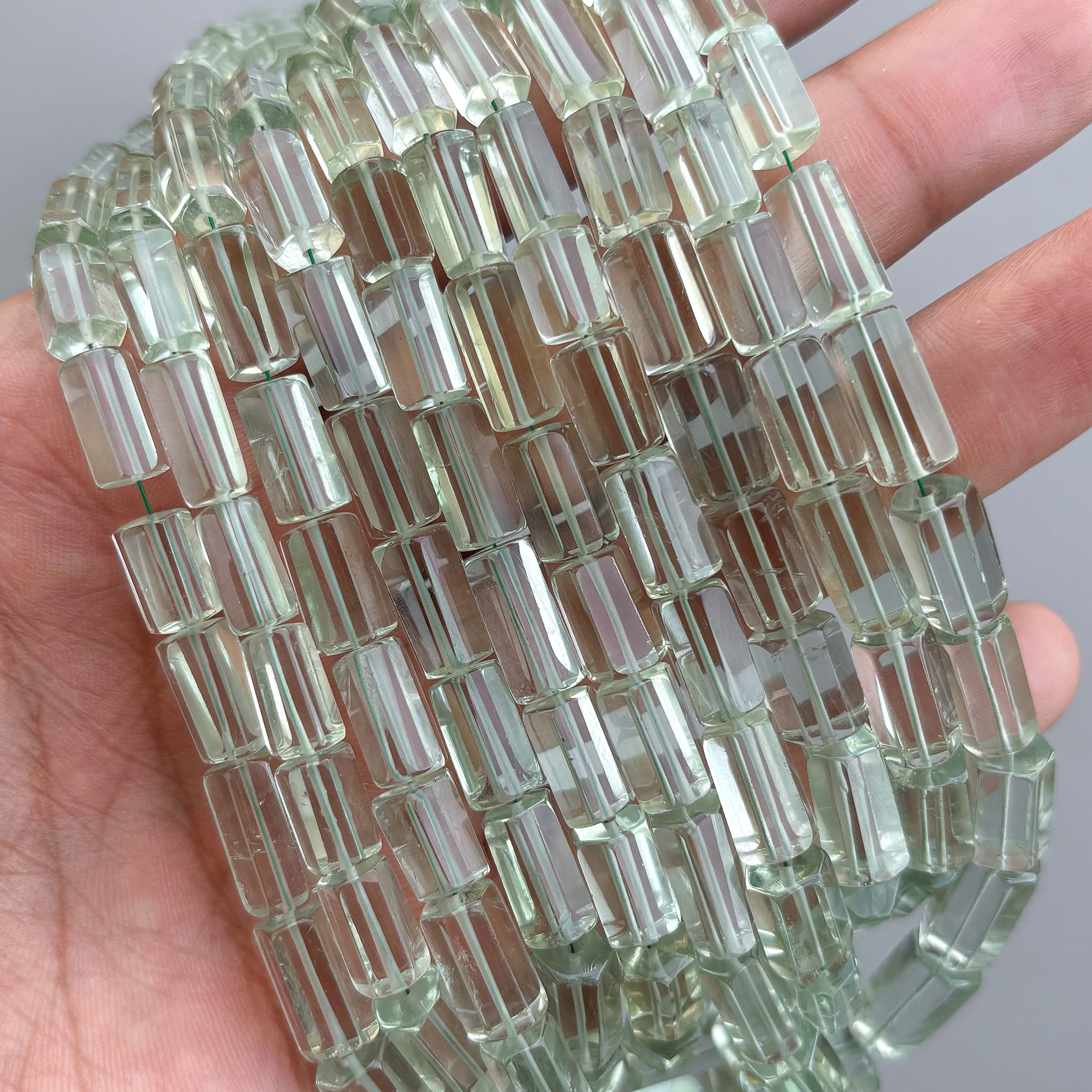 Natural Green Amethyst Faceted Cylinder Tube Shape Beads 5×10–8×14mm – 16″ Semi Precious Gemstone Fancy Cylinder Beads Strand