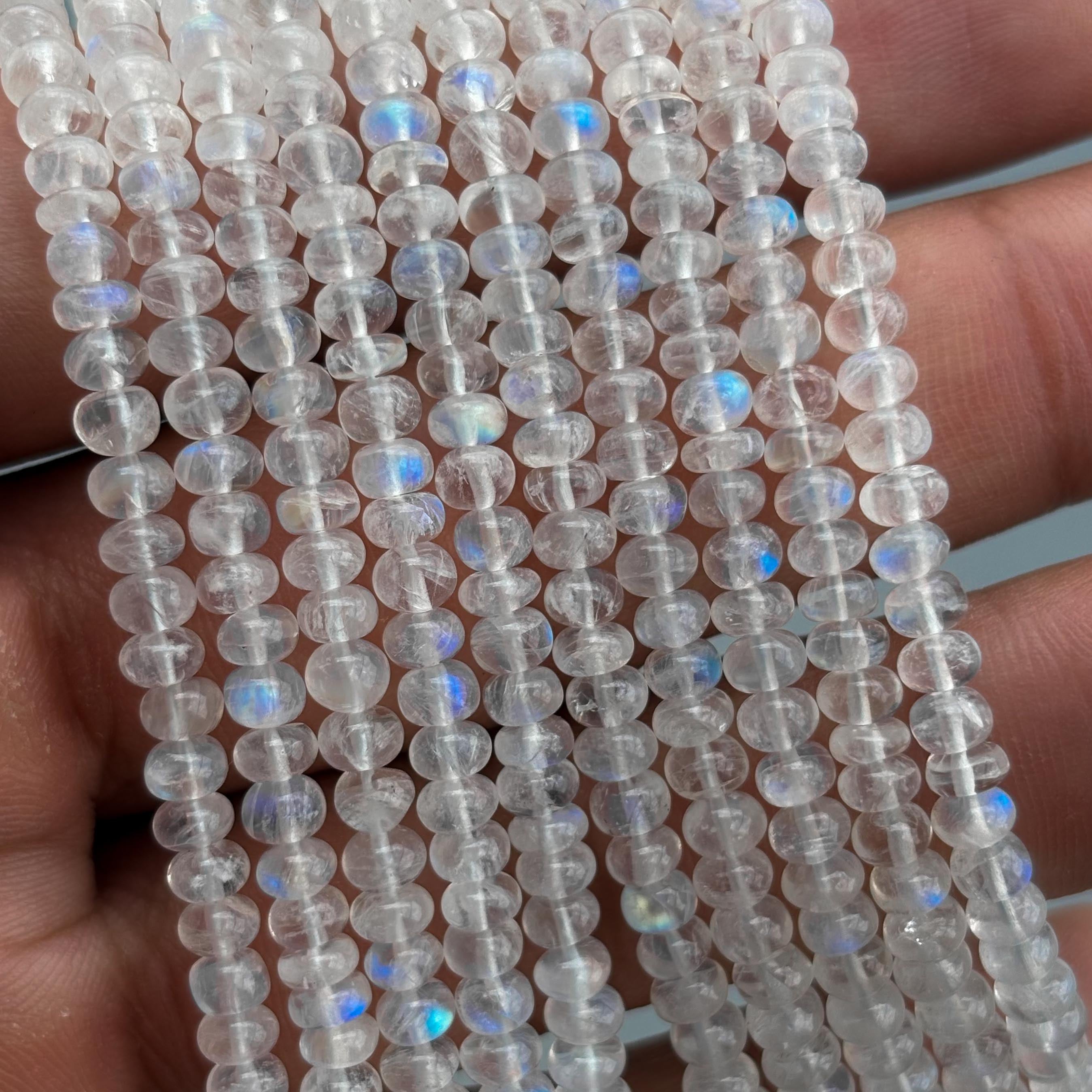 Natural Rainbow Moonstone Smooth Rondelle Beads 4–4.5mm – 16″ Blue Flash Moonstone Gemstone Beads Strand