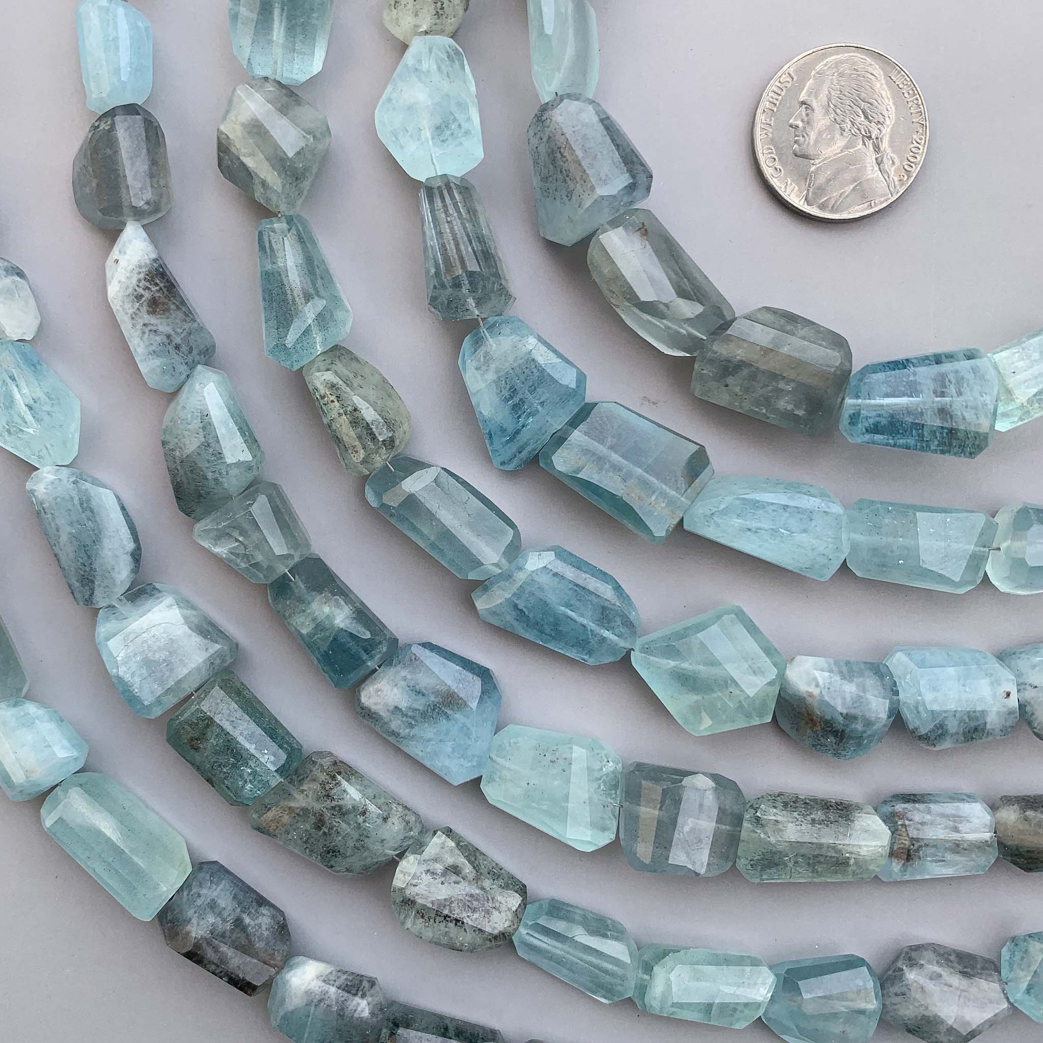 Natural moss aquamarine faceted step cut tumble beads 10×12–12×20mm