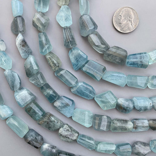 Natural moss aquamarine faceted step cut tumble beads 10×12–12×20mm
