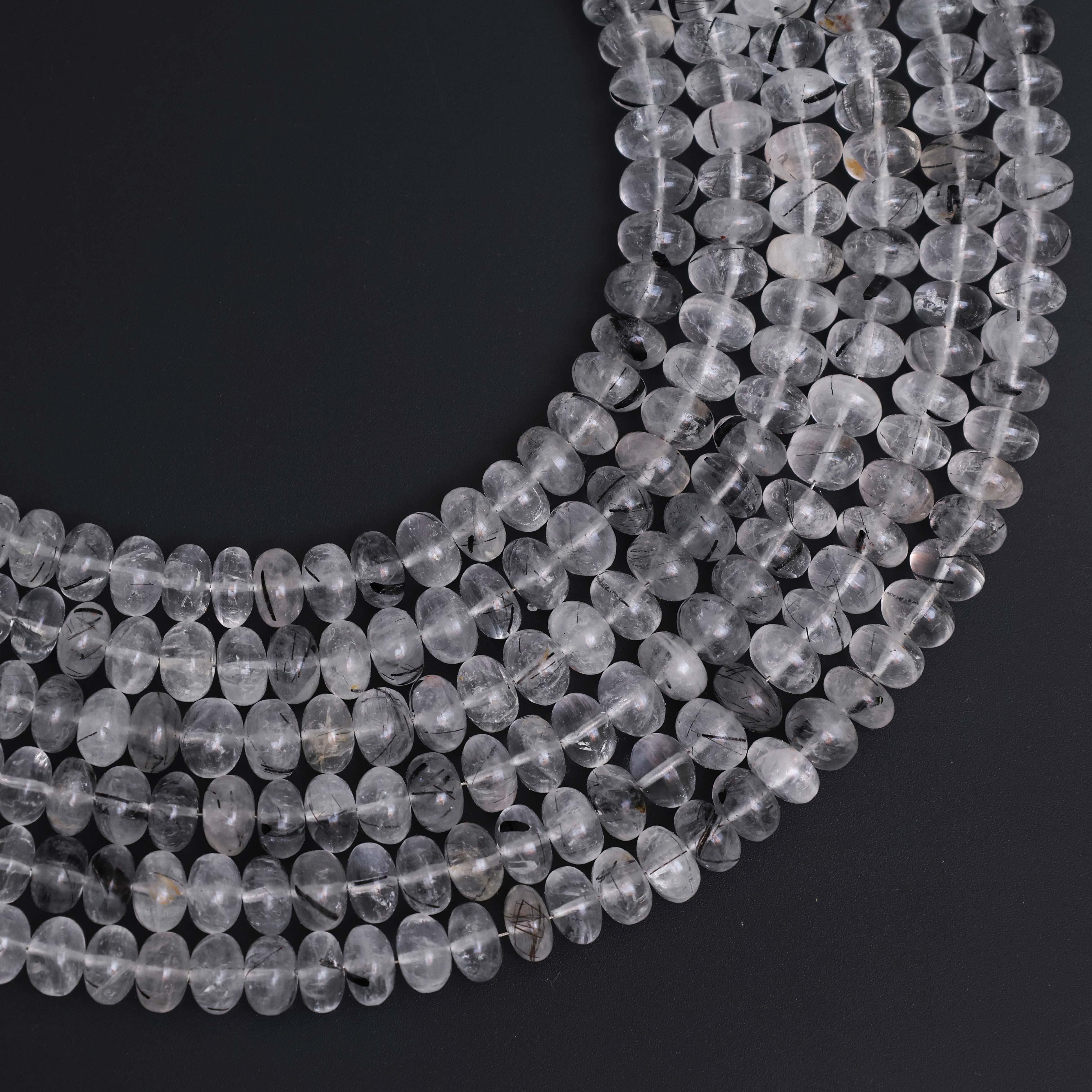 Natural Black Rutile Quartz 8mm Calibrated Smooth Rondelle Beads