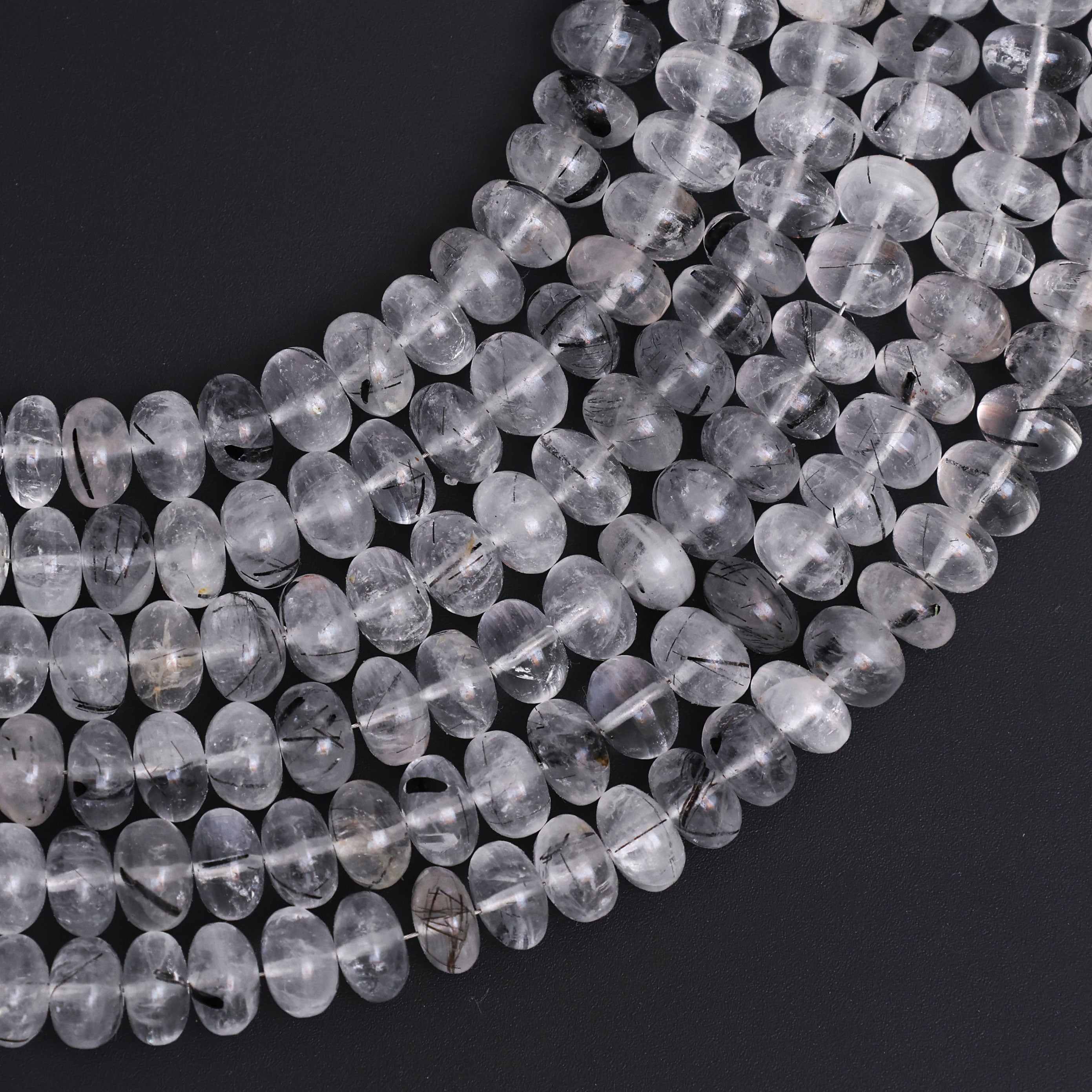 Natural Black Rutile Quartz 8mm Calibrated Smooth Rondelle Beads