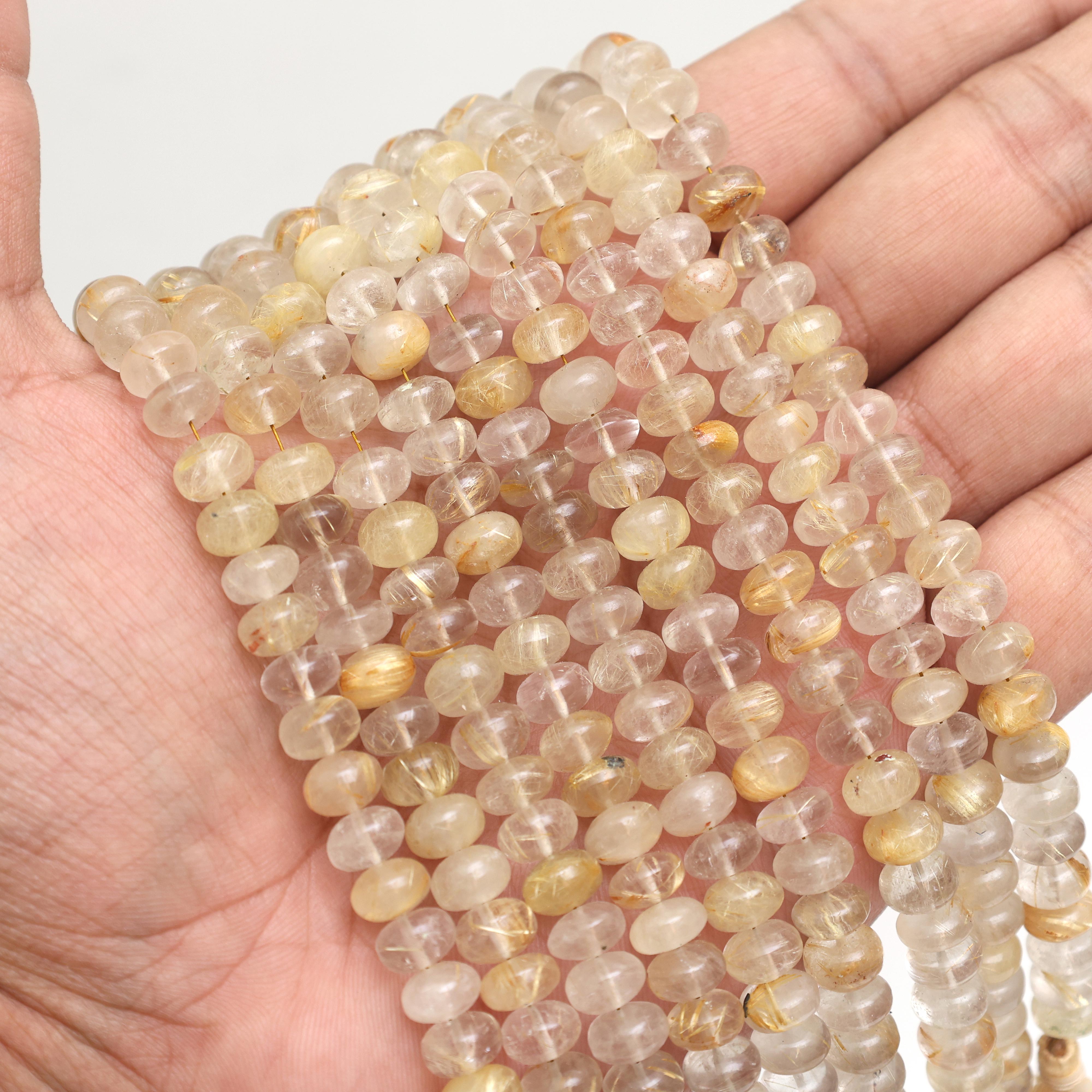 Natural Golden Rutile Quartz Smooth Rondelle Beads 8mm – Calibrated Semi-Precious Gemstone Beads for Jewelry Making