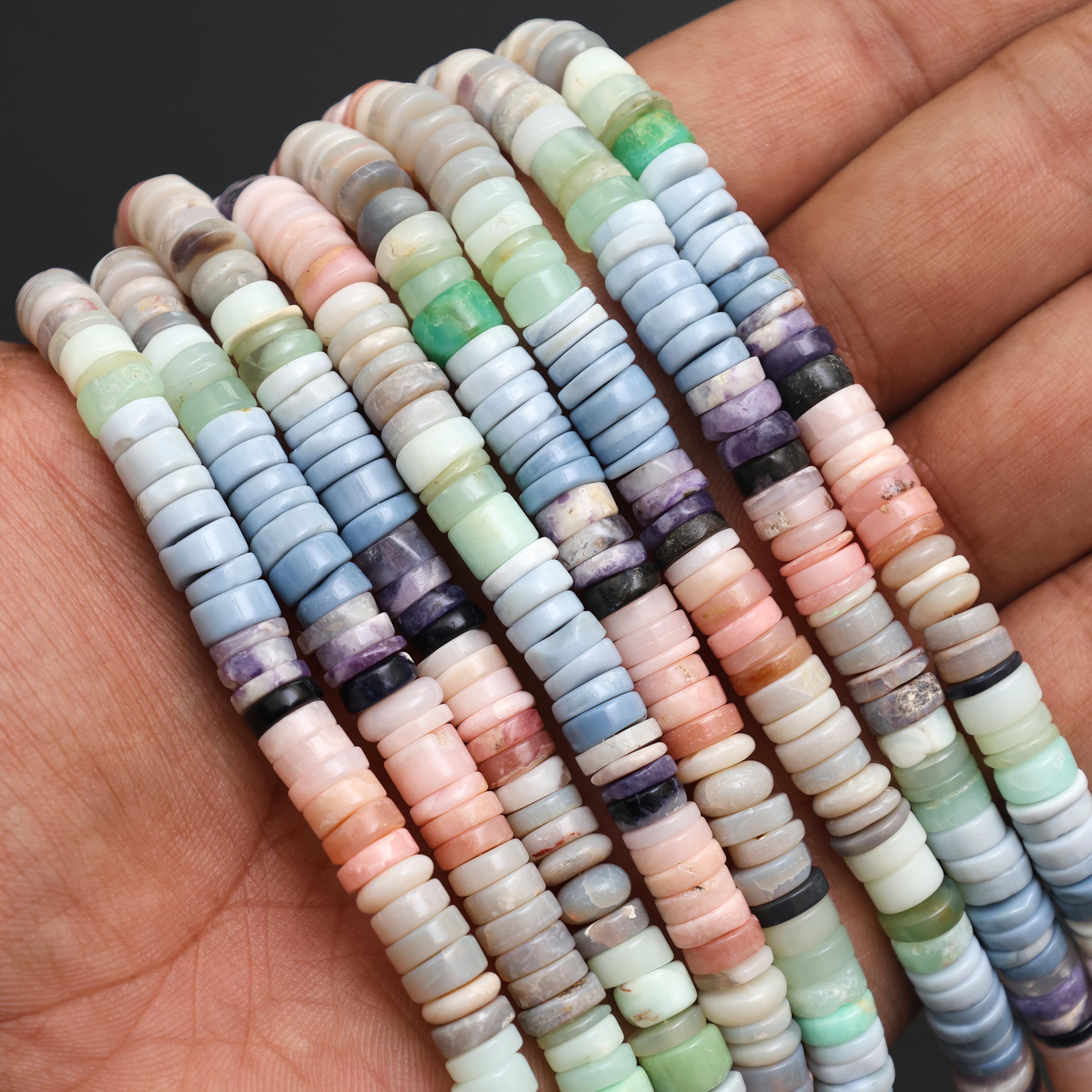 Natural Multi Opal Smooth Tyre Heishi Beads 7–7.5mm – 18″ Mixed Opal Gemstone Strand for Jewelry Making