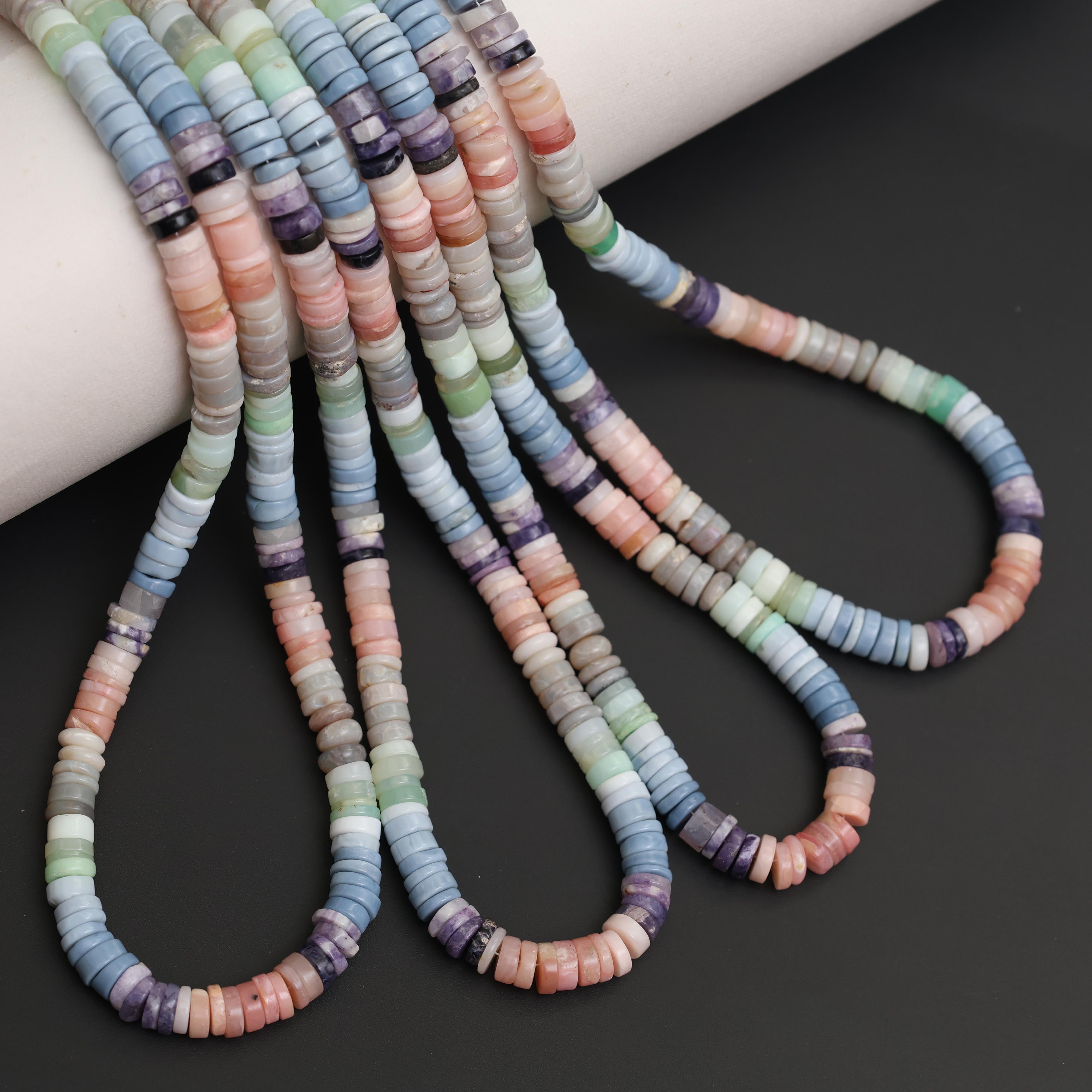 Natural Multi Opal Smooth Tyre Heishi Beads 7–7.5mm – 18″ Mixed Opal Gemstone Strand for Jewelry Making