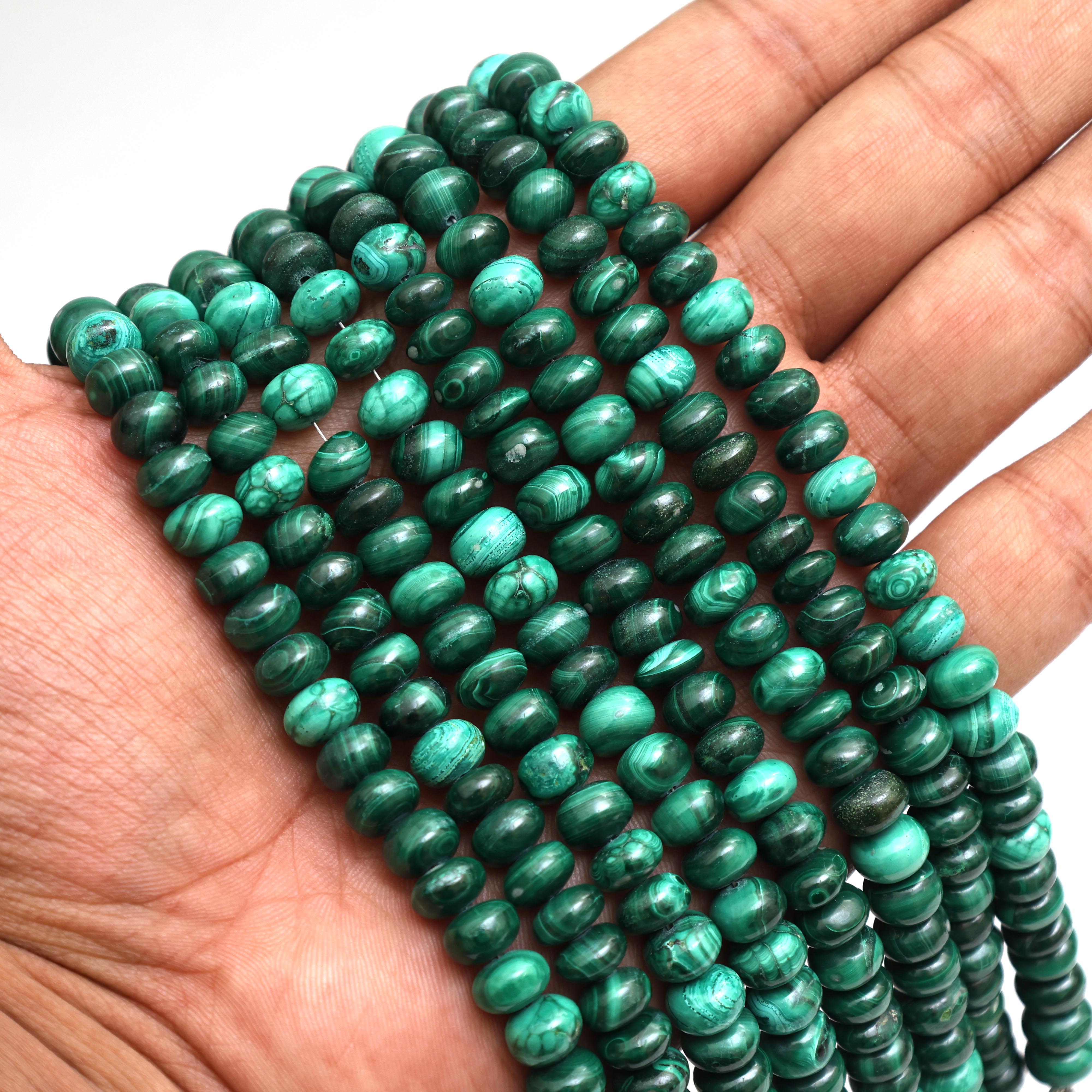 Natural Malachite Smooth Rondelle Beads 8mm – Calibrated Semi-Precious Gemstone Beads