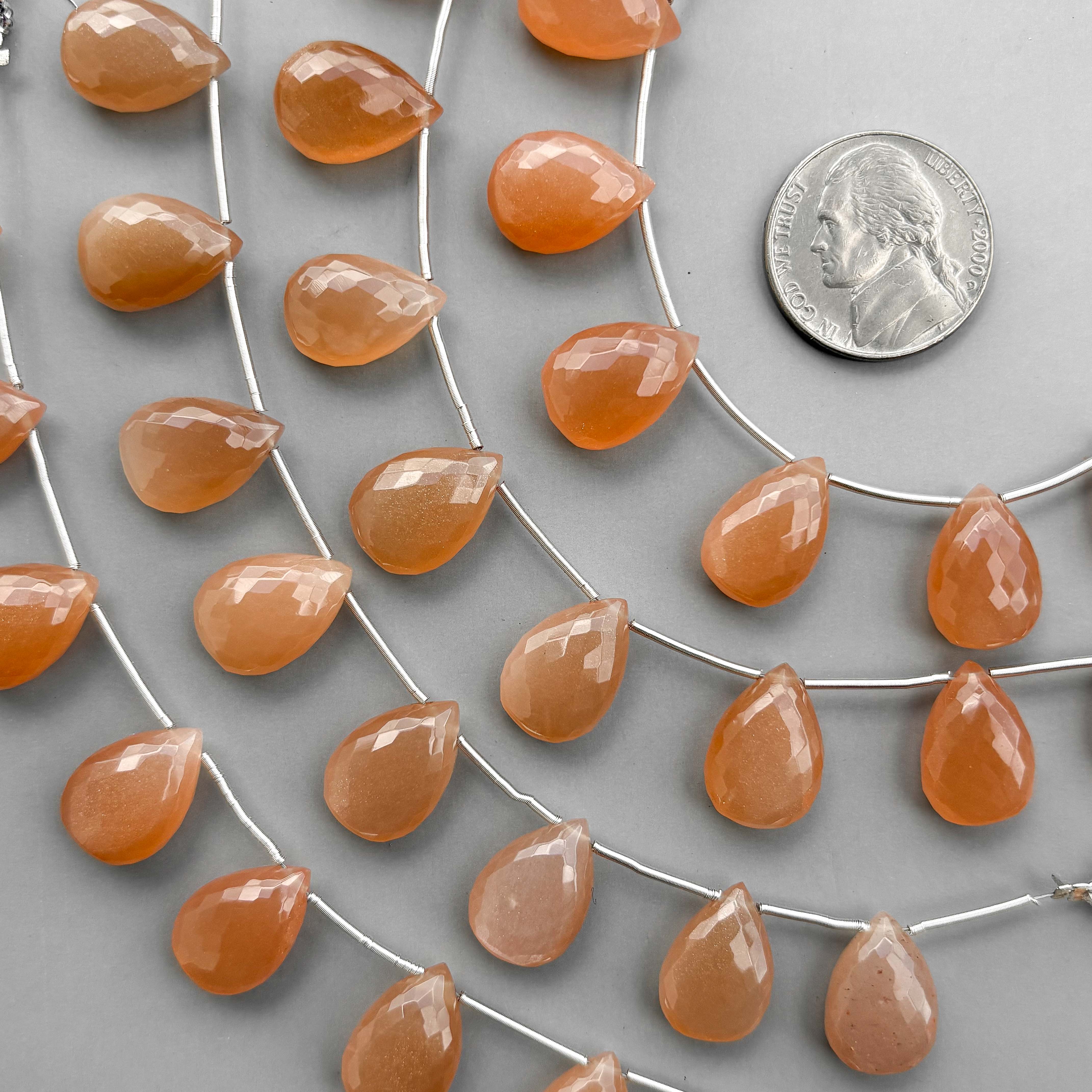 Natural Peach Moonstone Micro Cut Pear Shape Side Drill Beads – 8 Pcs 15×11mm Micro Faceted Beads For Jewelry Making