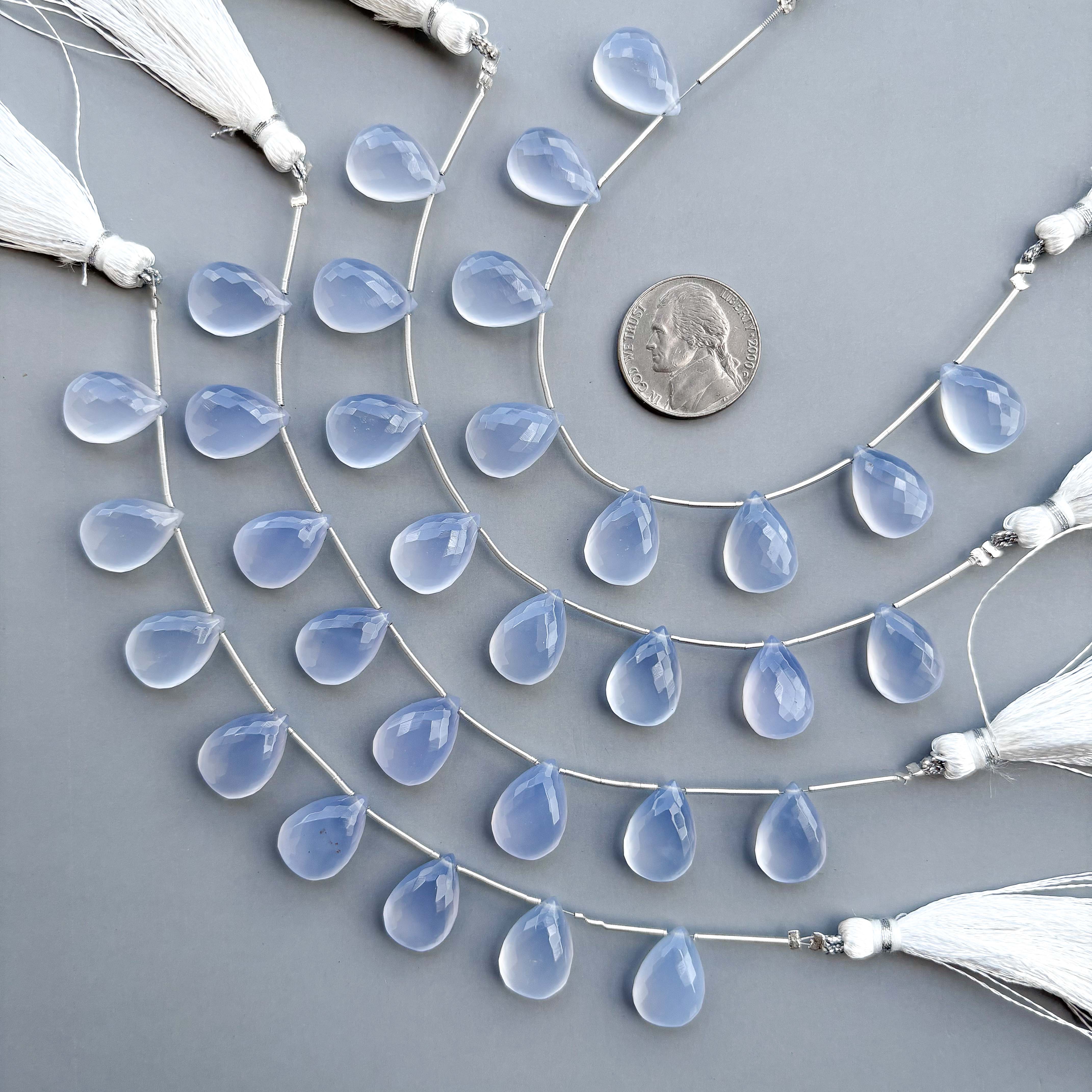 Natural Blue Chalcedony Micro Cut Pear Shape Side Drill Beads – 8 Pcs 15×11mm Micro Faceted Beads For Jewelry Making