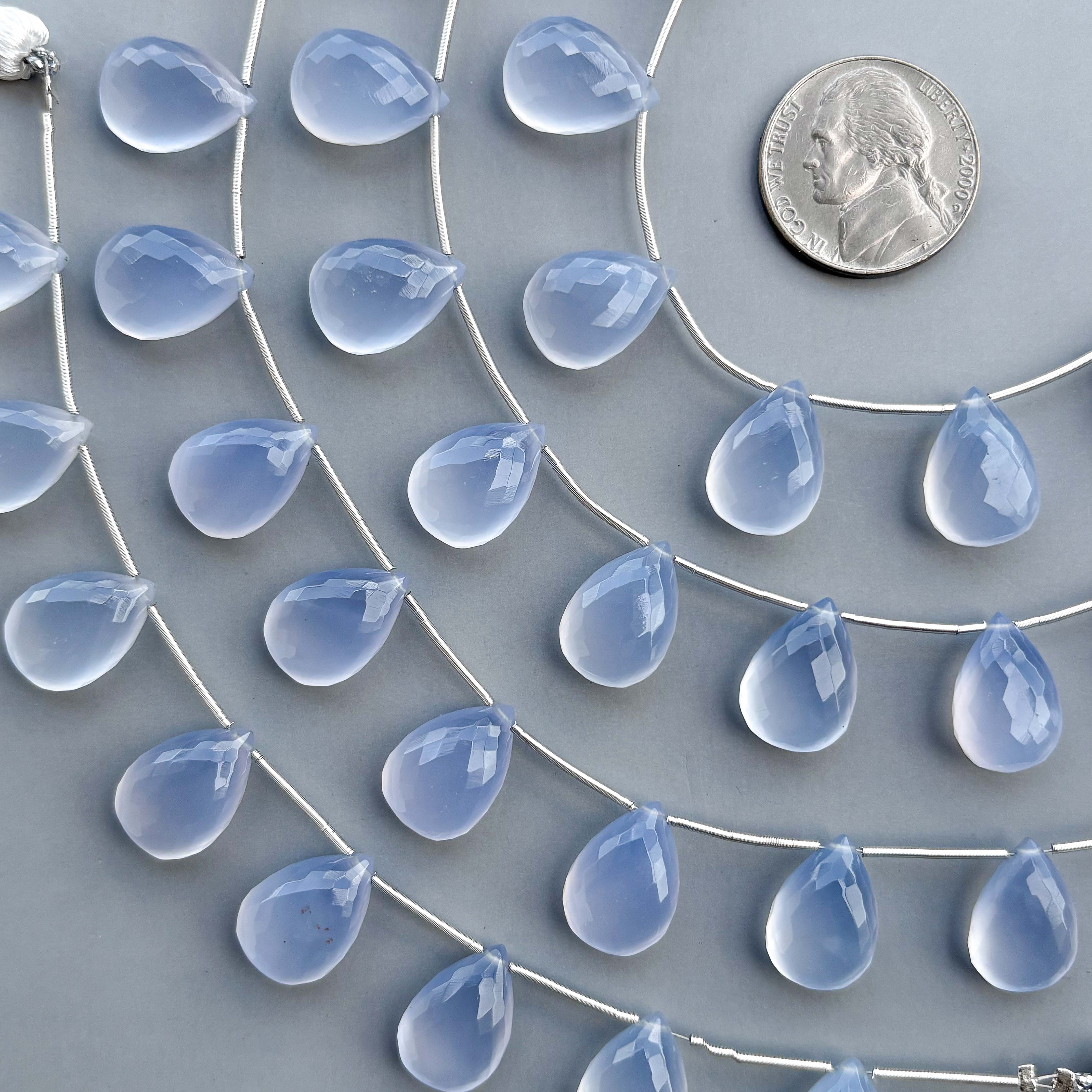 Natural Blue Chalcedony Micro Cut Pear Shape Side Drill Beads – 8 Pcs 15×11mm Micro Faceted Beads For Jewelry Making
