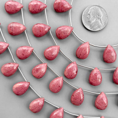 Natural Rhodonite Micro Cut Pear Shape Side Drill Beads – 8 Pcs 15×11mm Micro Faceted Beads For Jewelry Making