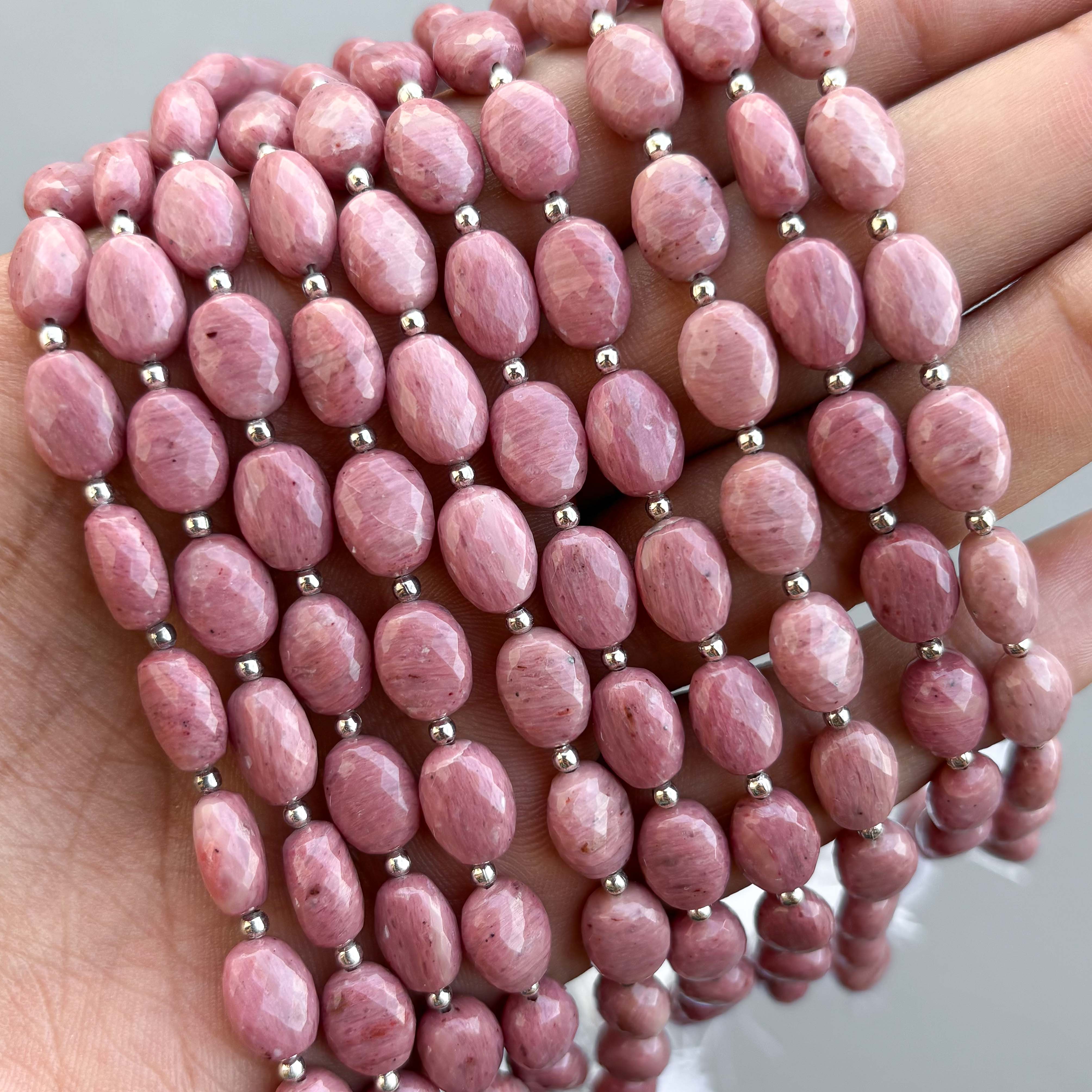 Natural Rhodonite Micro Cut Oval Shape Beads 8×11mm – 7″ Semi Precious Gemstone Micro Faceted Oval Beads Strand