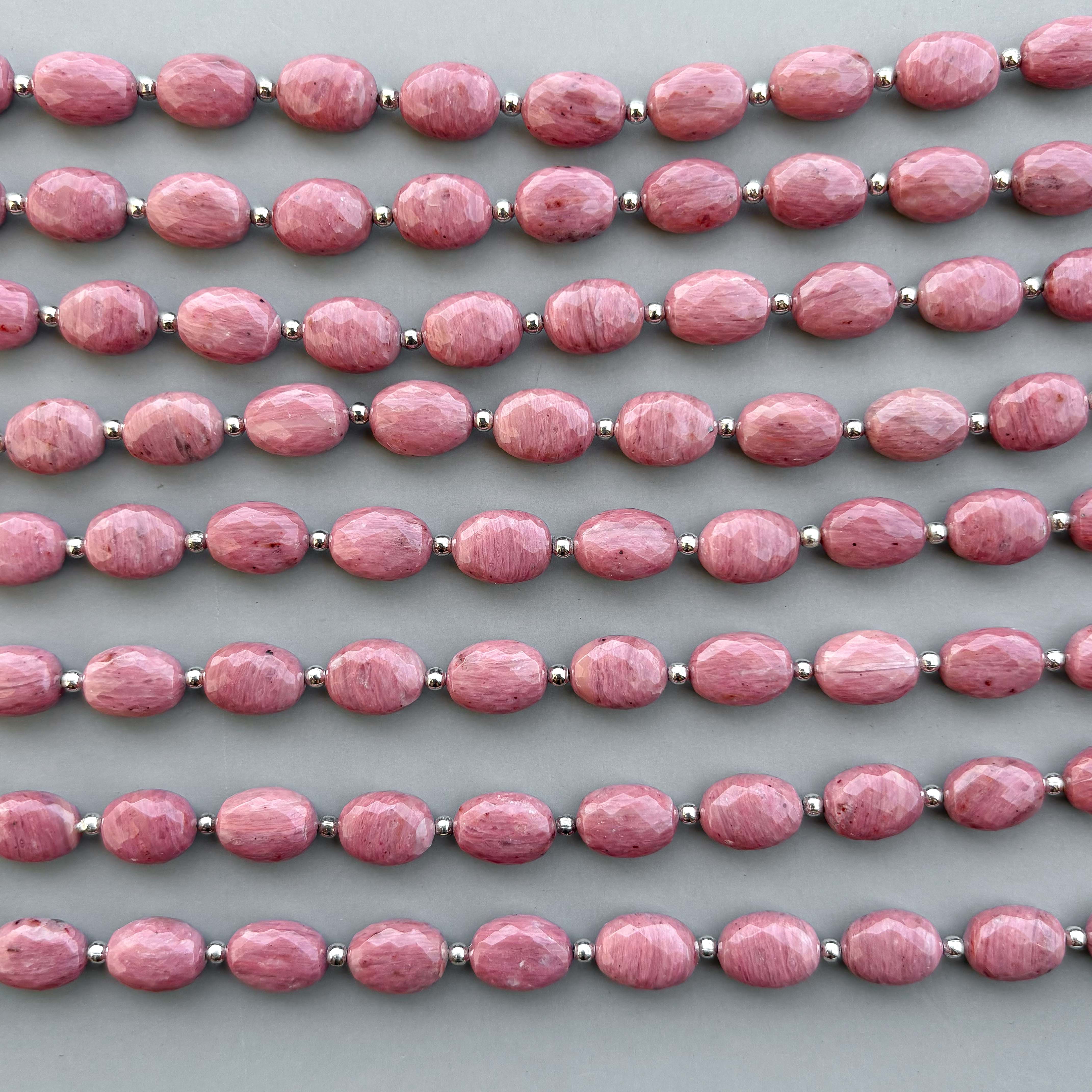 Natural Rhodonite Micro Cut Oval Shape Beads 8×11mm – 7″ Semi Precious Gemstone Micro Faceted Oval Beads Strand