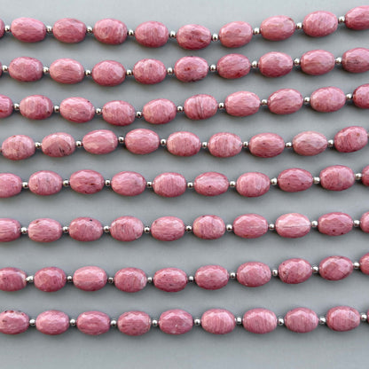 Natural Rhodonite Micro Cut Oval Shape Beads 8×11mm – 7″ Semi Precious Gemstone Micro Faceted Oval Beads Strand
