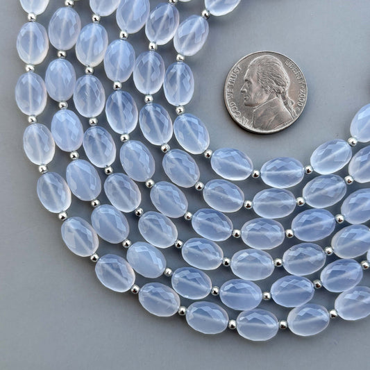 Natural Blue Chalcedony Micro Cut Oval Shape Beads 8×11mm – 7″ Semi Precious Gemstone Micro Faceted Oval Beads Strand
