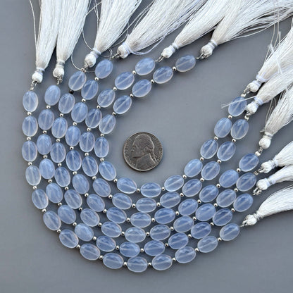 Natural Blue Chalcedony Micro Cut Oval Shape Beads 8×11mm – 7″ Semi Precious Gemstone Micro Faceted Oval Beads Strand
