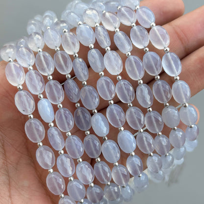 Natural Blue Chalcedony Micro Cut Oval Shape Beads 8×11mm – 7″ Semi Precious Gemstone Micro Faceted Oval Beads Strand
