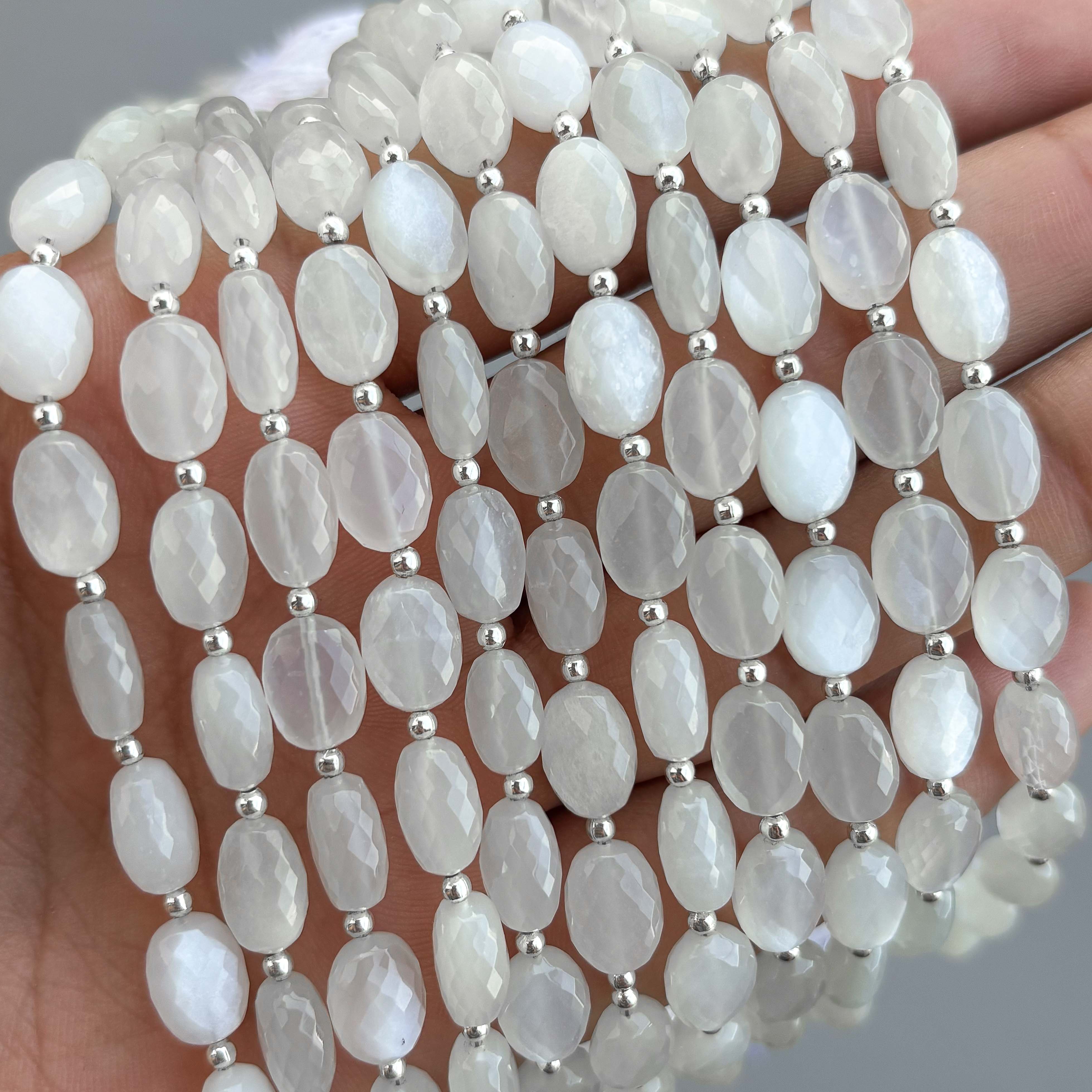 Natural White Moonstone Micro Cut Oval Shape Beads 8×11mm – 7″ Semi Precious Gemstone Micro Faceted Oval Beads Strand