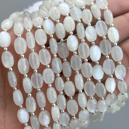 Natural White Moonstone Micro Cut Oval Shape Beads 8×11mm – 7″ Semi Precious Gemstone Micro Faceted Oval Beads Strand