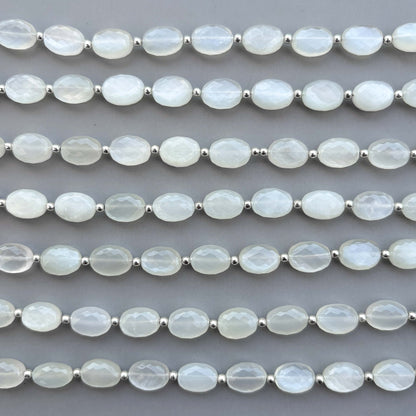 Natural White Moonstone Micro Cut Oval Shape Beads 8×11mm – 7″ Semi Precious Gemstone Micro Faceted Oval Beads Strand