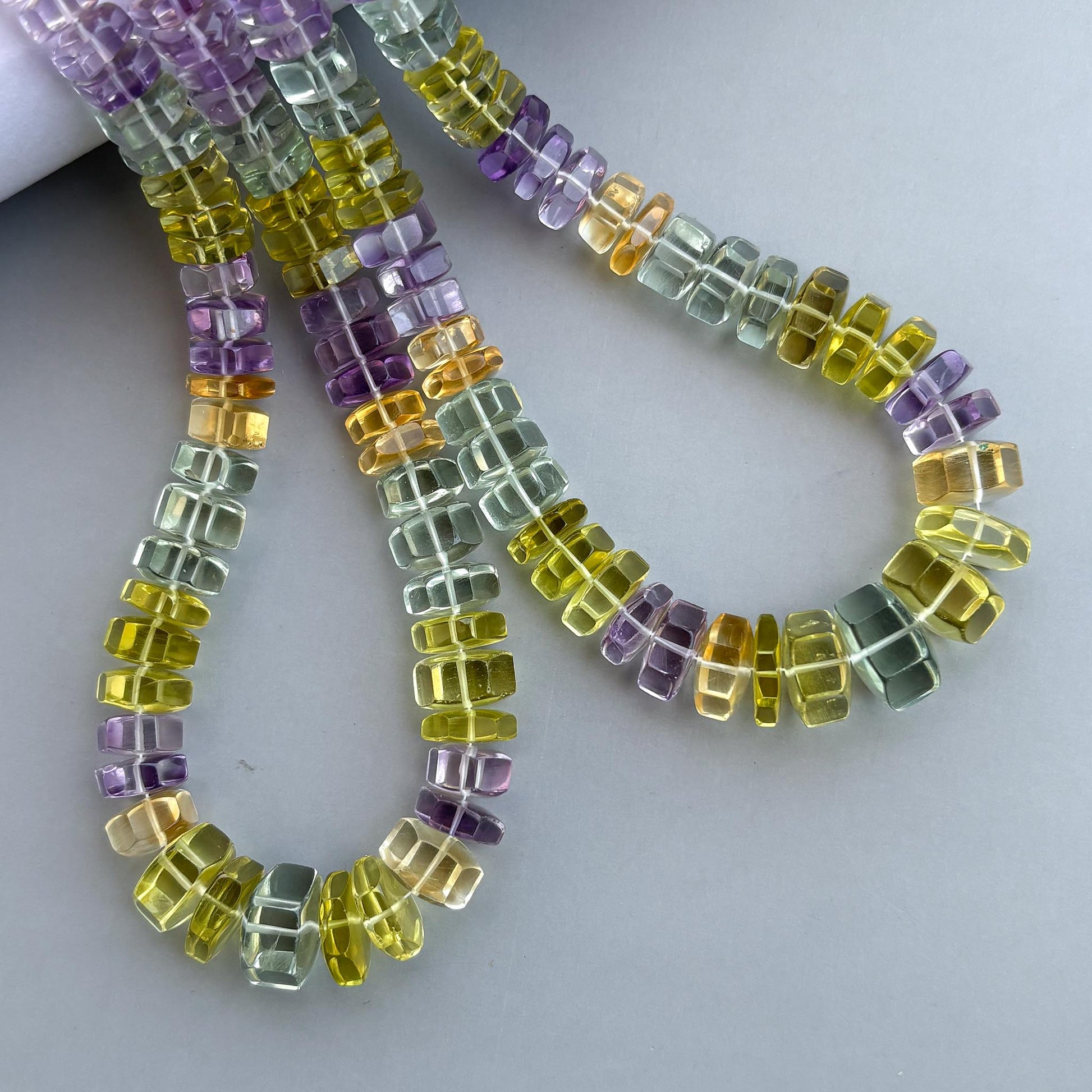 Mixed semi-precious gemstone hexagon bolt beads with faceted finish