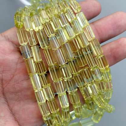 Natural Lemon Quartz Faceted Cylinder Tube Shape Beads 5×10–7×13mm – 16″ Semi Precious Gemstone Fancy Cylinder Beads Strand