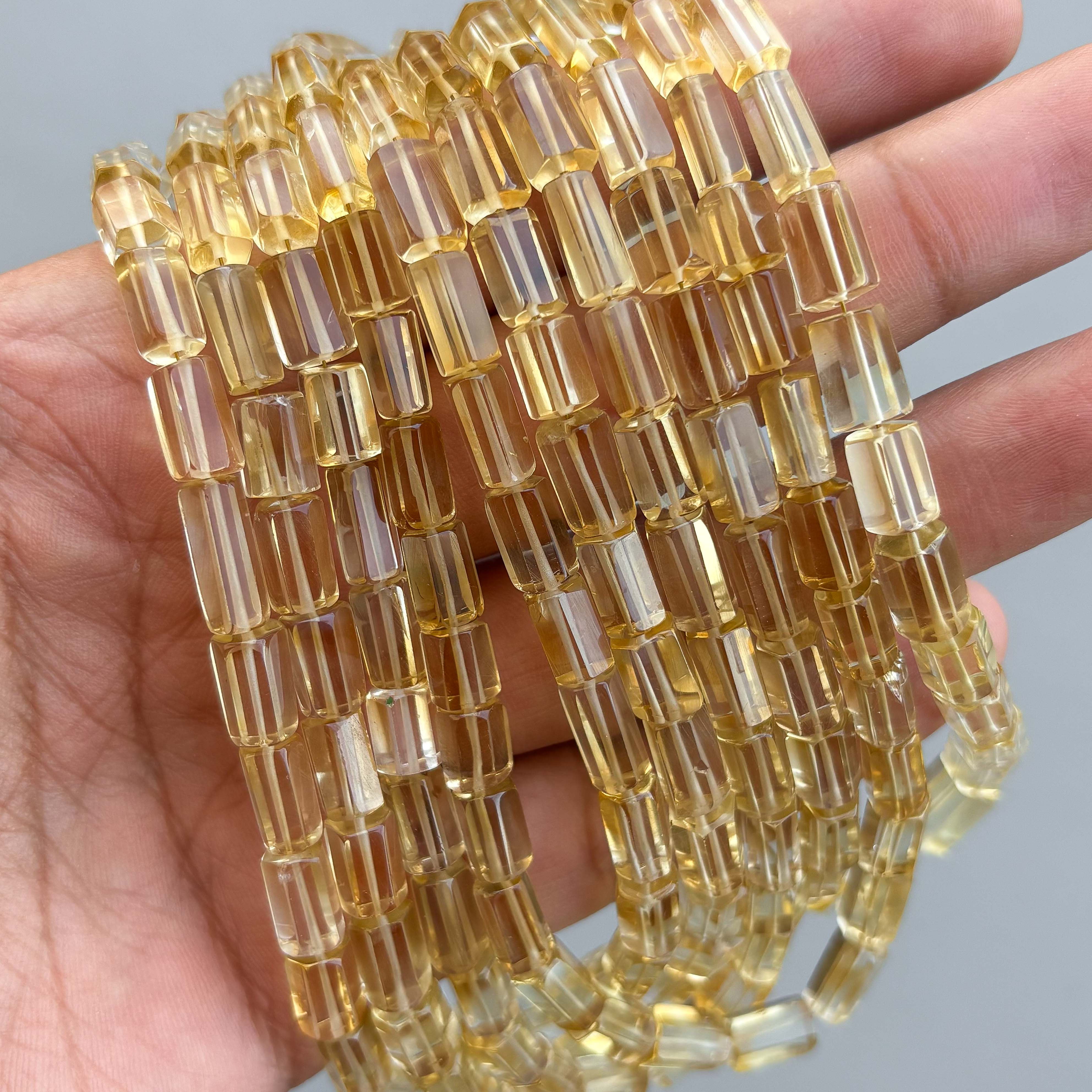 Natural Citrine Faceted Cylinder Tube Shape Beads 5×9–6×10mm – 15″ Semi Precious Gemstone Fancy Cylinder Beads Strand