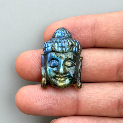 Natural labradorite Buddha head carving with blue and green flash