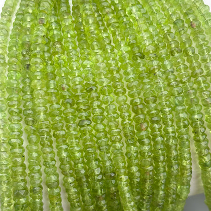 Natural Peridot Faceted Rondelle Beads 3.5–5mm – 16″ Hand Cut Semi-Precious Gemstone Beads Strand