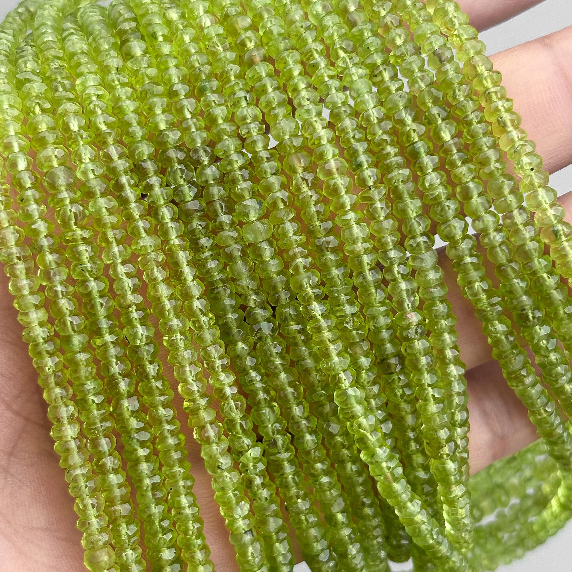Natural Peridot Faceted Rondelle Beads 3.5–5mm – 16″ Hand Cut Semi-Precious Gemstone Beads Strand