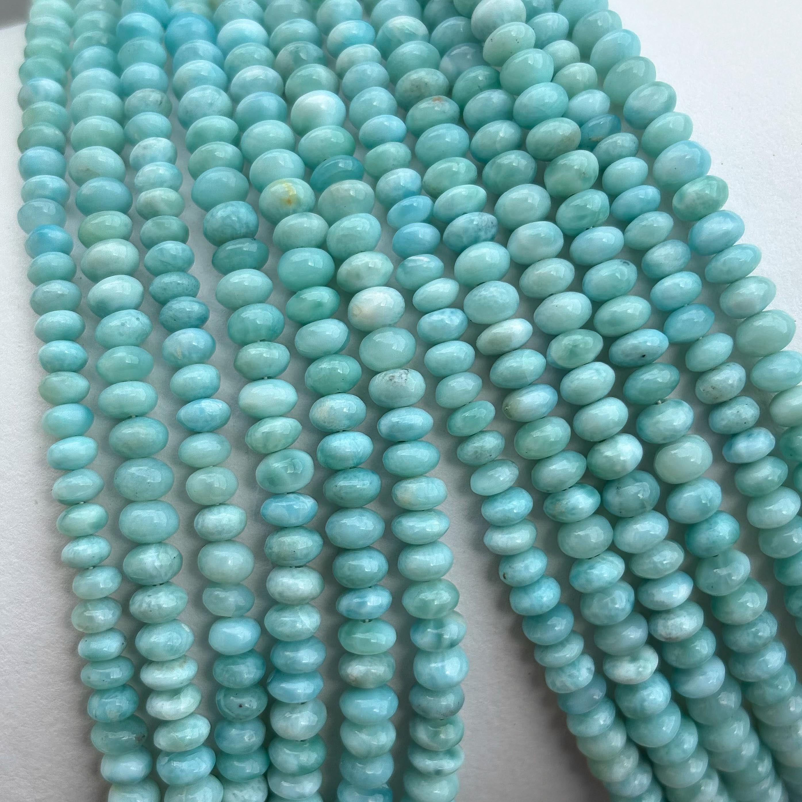 Natural Larimar Smooth Rondelle Beads 4–5mm – 16″ Blue Semi-Precious Gemstone Beads Strand