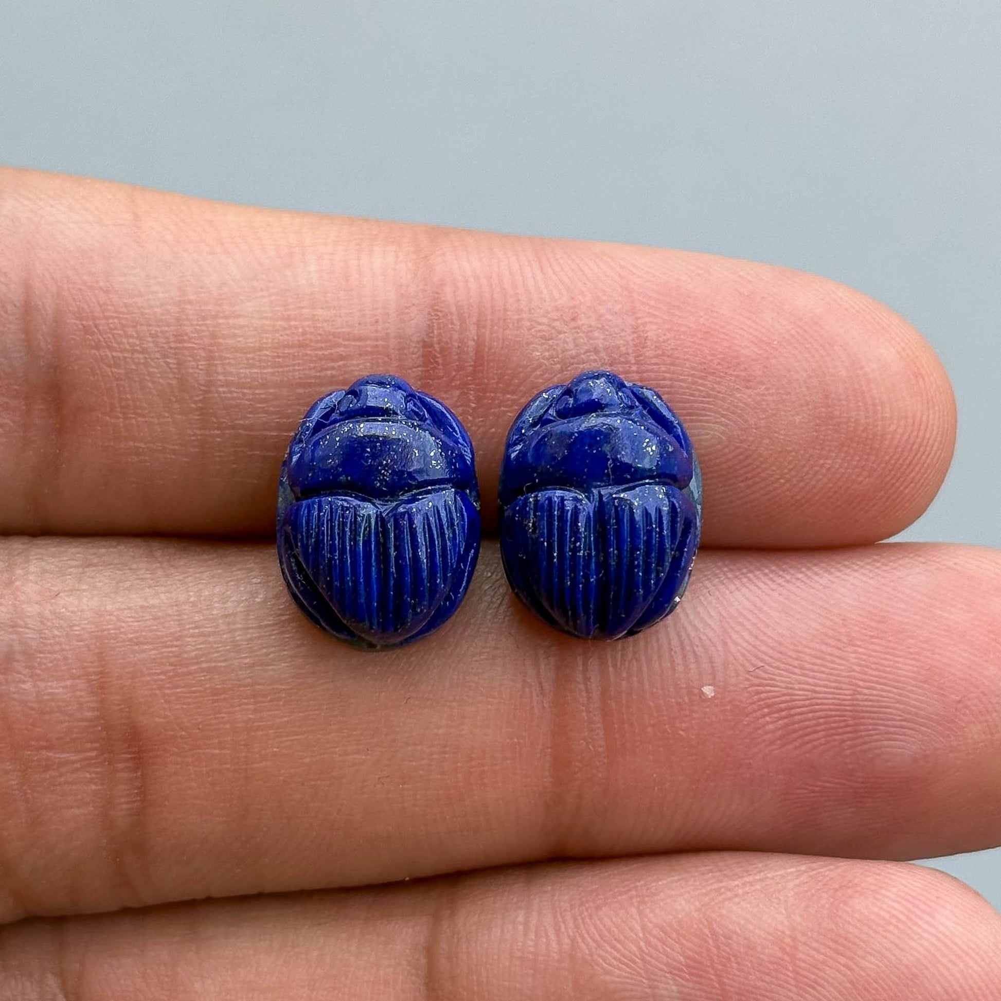 lapis lazuli oval scarab carving pair for jewelry making