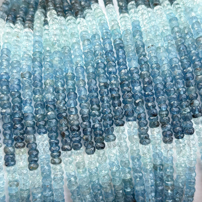 Natural Aquamarine Shaded Faceted Rondelle Beads 4mm – 17″ Semi-Precious Gemstone Ombre Rondelle Beads Strand for Jewelry Making