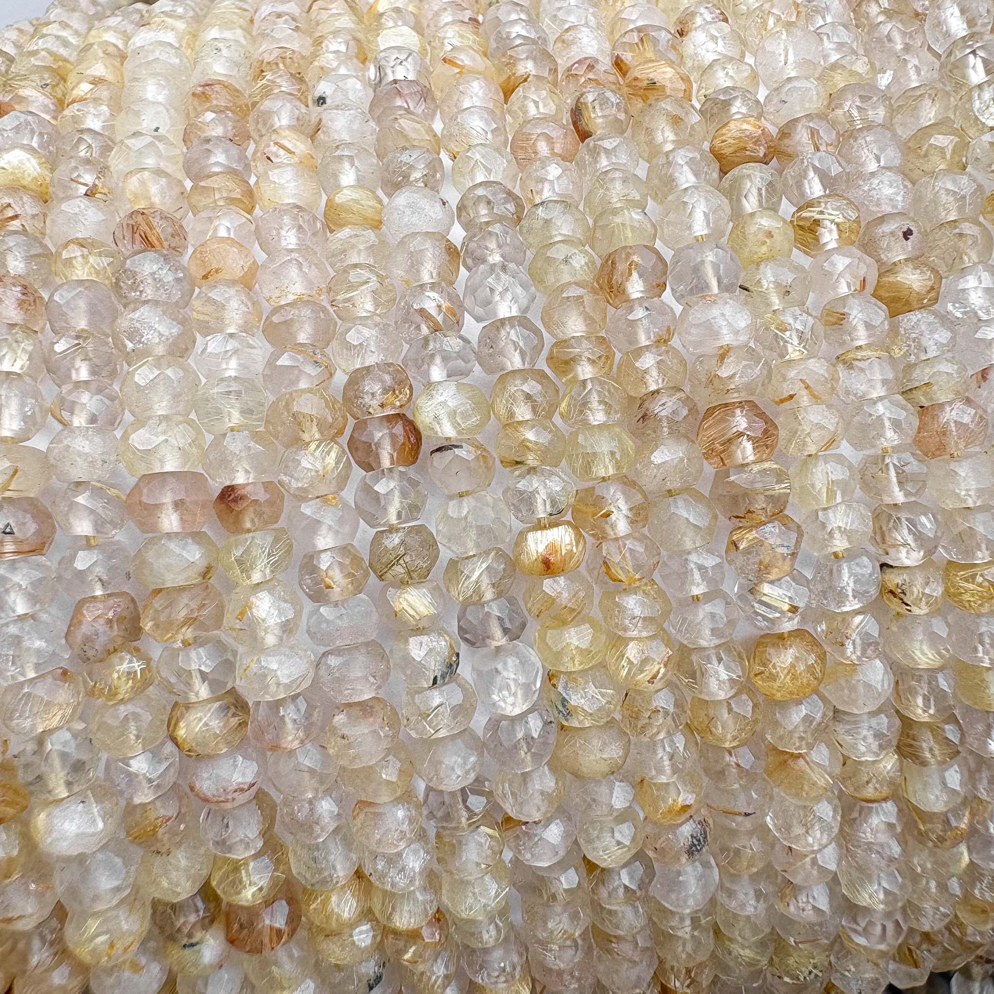 Natural rutile quartz faceted rondelle gemstone bead strand