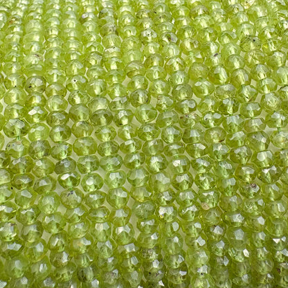 Natural Peridot Faceted Rondelle Beads 3.5–4mm – 13″ Hand Cut Semi-Precious Gemstone Beads Strand